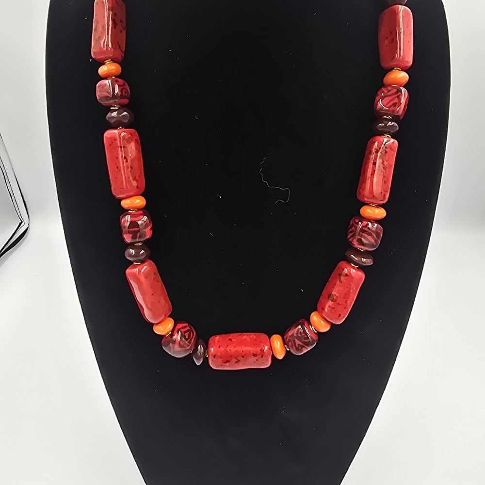 Vintage Blood Orange Red Glass Peking Trade Bead Necklace - Picture 4 of 8